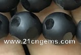 CAA2462 15.5 inches 14mm carved round matte black agate beads