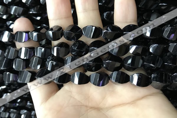 CAA2493 15.5 inches 8*12mm faceted & twisted rice black agate beads