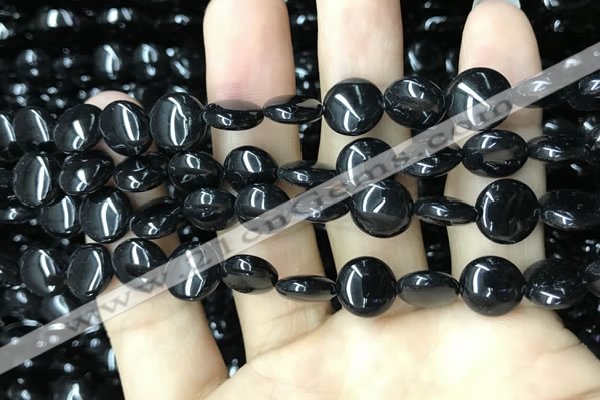 CAA2525 15.5 inches 8mm flat round black agate beads wholesale