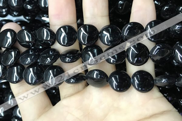 CAA2528 15.5 inches 14mm flat round black agate beads wholesale