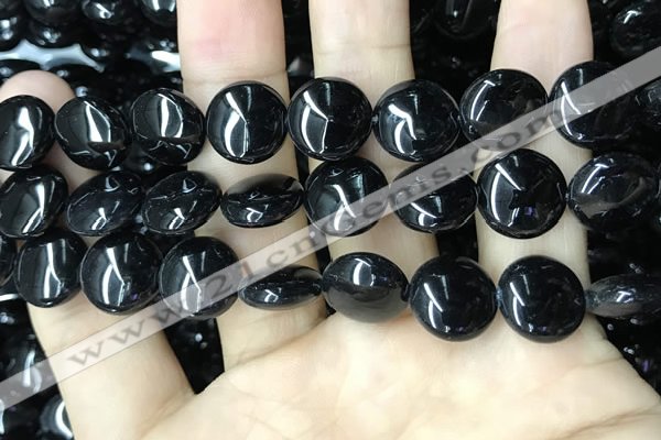 CAA2529 15.5 inches 16mm flat round black agate beads wholesale