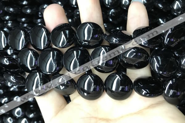 CAA2532 15.5 inches 25mm flat round black agate beads wholesale