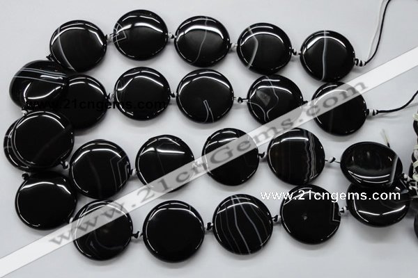 CAA265 15.5 inches 30mm flat round black line agate gemstone beads