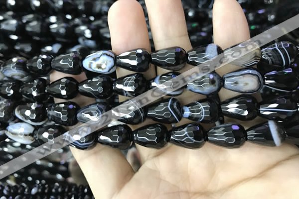 CAA2653 15.5 inches 10*14mm faceted teardrop banded black agate beads