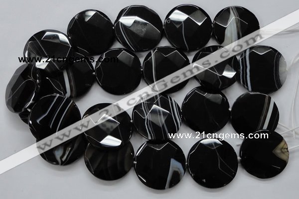 CAA280 15.5 inches 18mm faceted coin black line agate beads