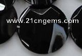 CAA281 15.5 inches 35mm faceted coin black line agate beads