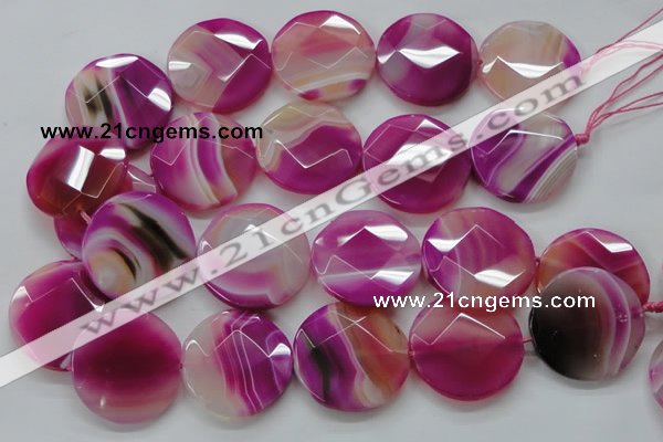 CAA314 15.5 inches 35mm faceted coin fuchsia line agate beads