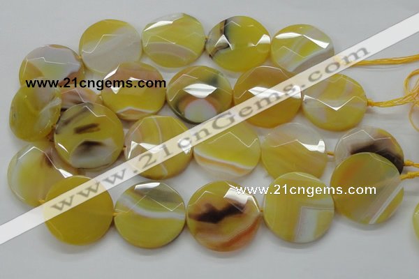 CAA328 15.5 inches 35mm faceted coin yellow line agate beads