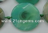 CAA339 15.5 inches 35mm faceted coin green line agate beads