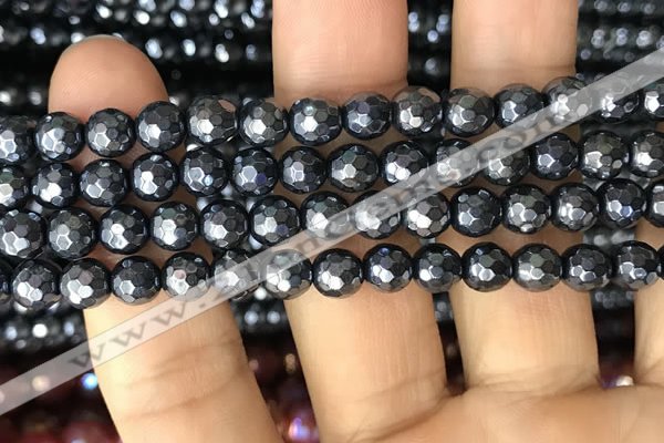 CAA3555 15.5 inches 6mm faceted round AB-color black agate beads