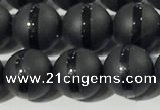 CAA3651 15.5 inches 8mm round matte & carved black agate beads