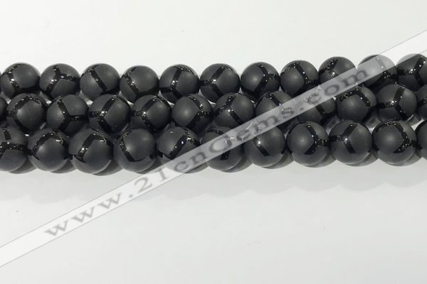 CAA3658 15.5 inches 12mm round matte & carved black agate beads