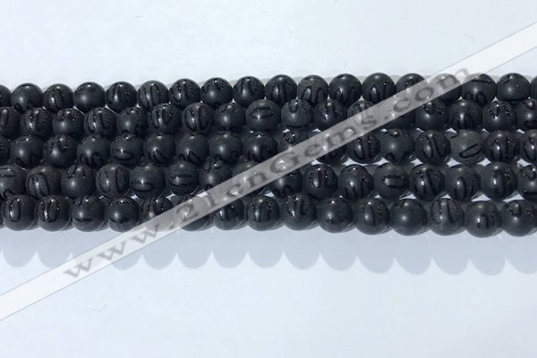 CAA3660 15.5 inches 6mm round matte & carved black agate beads