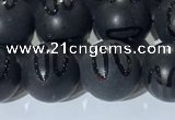 CAA3662 15.5 inches 10mm round matte & carved black agate beads