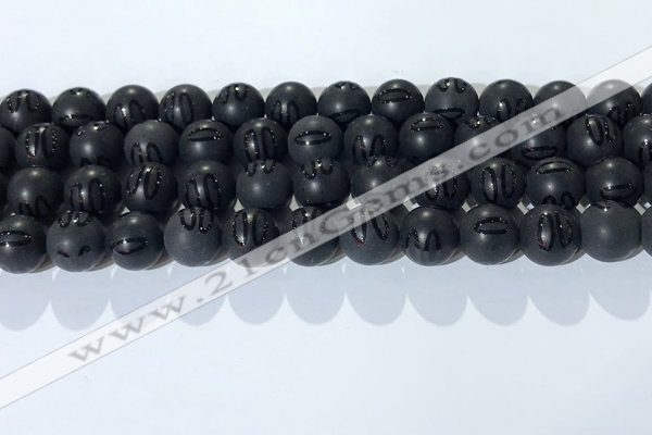 CAA3662 15.5 inches 10mm round matte & carved black agate beads