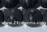 CAA3663 15.5 inches 12mm round matte & carved black agate beads