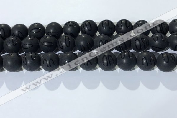 CAA3663 15.5 inches 12mm round matte & carved black agate beads