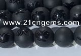 CAA3665 15.5 inches 6mm round matte & carved black agate beads