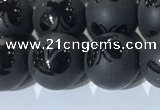 CAA3667 15.5 inches 10mm round matte & carved black agate beads