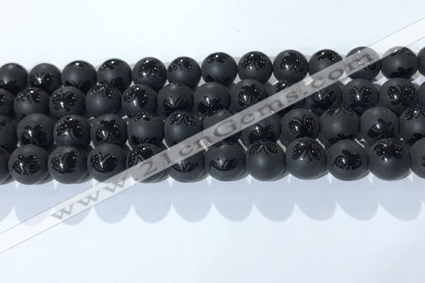 CAA3667 15.5 inches 10mm round matte & carved black agate beads