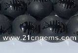 CAA3672 15.5 inches 10mm round matte & carved black agate beads