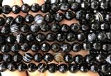 CAA6351 15 inches 8mm faceted round black banded agate beads