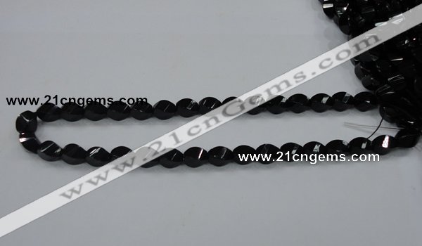 CAB335 15.5 inches 8*12mm faceted & twisted rice black agate beads