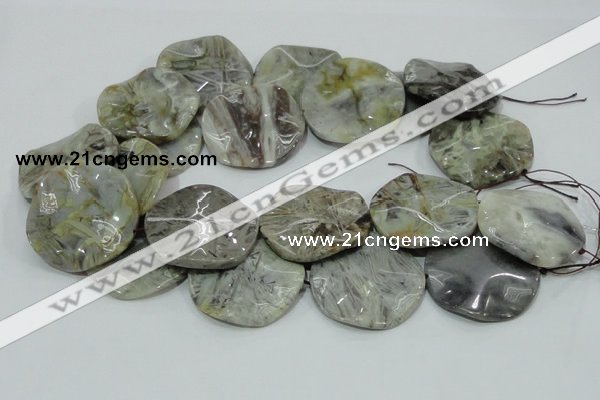 CAB572 15.5 inches 40mm wavy coin silver needle agate gemstone beads