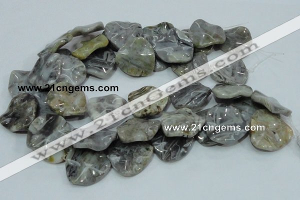 CAB579 15.5 inches 30*30mm wavy triangle silver needle agate beads