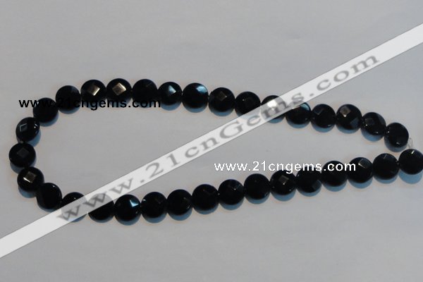 CAB809 15.5 inches 12mm faceted coin black gemstone agate beads