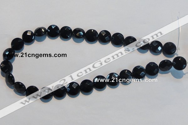 CAB810 15.5 inches 14mm faceted coin black gemstone agate beads