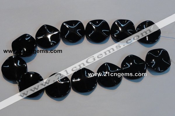 CAB827 15.5 inches 30mm wavy coin black agate gemstone beads wholesale