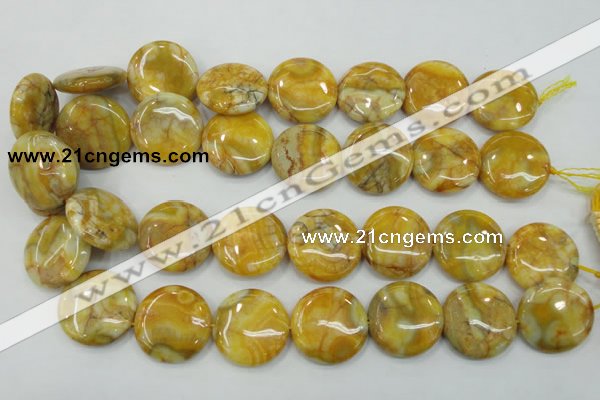 CAB945 15.5 inches 25mm flat round yellow crazy lace agate beads