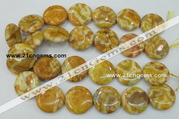 CAB946 15.5 inches 30mm flat round yellow crazy lace agate beads