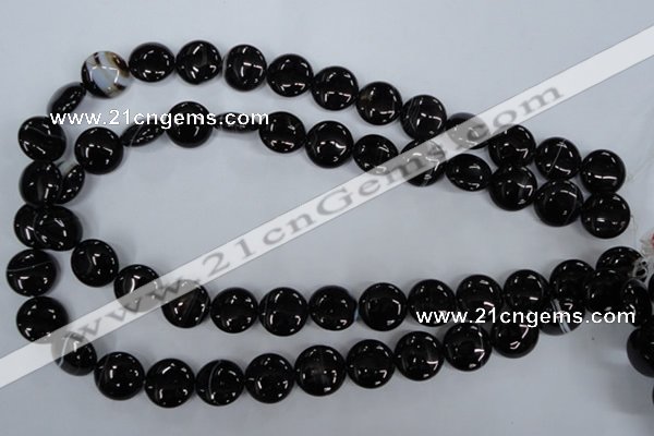 CAG2908 15.5 inches 14mm flat round black line agate beads