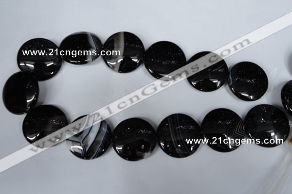 CAG2999 15.5 inches 30mm flat round black line agate beads