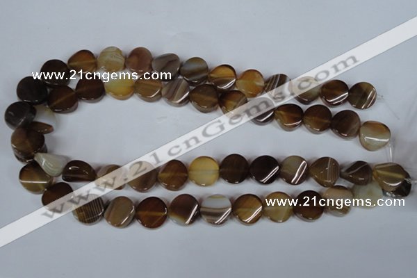 CAG3151 15.5 inches 14mm twisted coin brown line agate beads