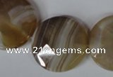 CAG3168 15.5 inches 25mm faceted coin brown line agate beads