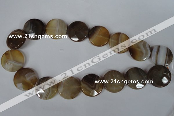 CAG3168 15.5 inches 25mm faceted coin brown line agate beads