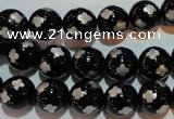 CAG3353 15.5 inches 10mm carved round black agate beads wholesale