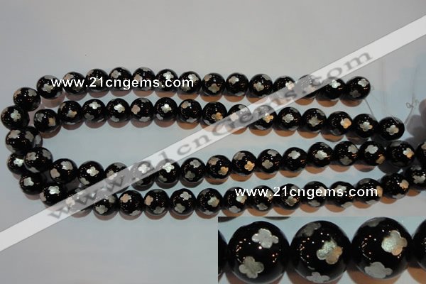 CAG3354 15.5 inches 12mm carved round black agate beads wholesale