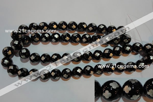 CAG3355 15.5 inches 14mm carved round black agate beads wholesale