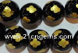 CAG3365 15.5 inches 14mm carved round black agate beads wholesale