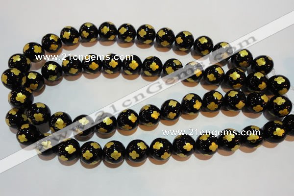 CAG3365 15.5 inches 14mm carved round black agate beads wholesale