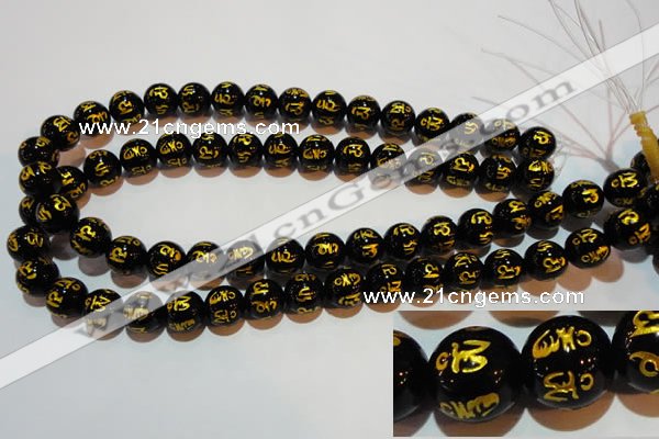 CAG3374 15.5 inches 12mm carved round black agate beads wholesale