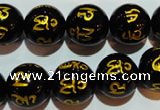 CAG3375 15.5 inches 14mm carved round black agate beads wholesale