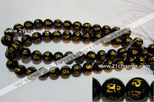 CAG3375 15.5 inches 14mm carved round black agate beads wholesale