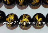 CAG3382 15.5 inches 14mm carved round black agate beads wholesale