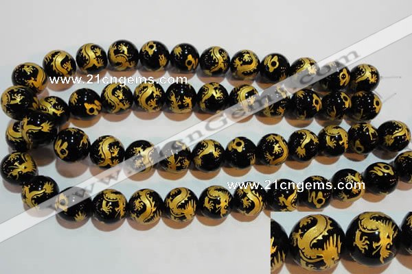 CAG3383 15.5 inches 16mm carved round black agate beads wholesale