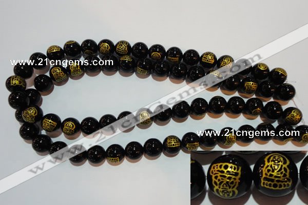 CAG3386 15.5 inches 12mm carved round black agate beads wholesale